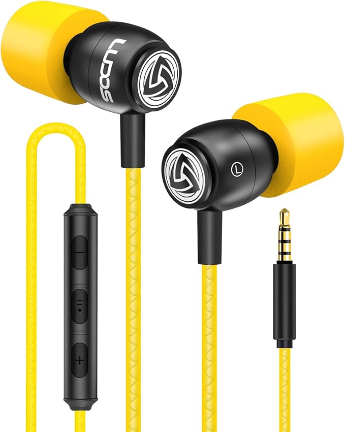 LUDOS Clamor Wired Earbuds in-Ear Headphones, 5 Years Warranty, Earphones with Microphone, Noise Isolating Ear Buds, Memory Foam for iPhone, Samsung, School Students, Kids, Women, Small Ears - Yellow