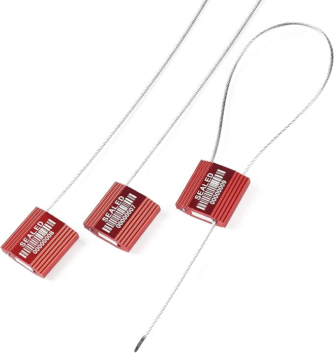 50 Red High Security Cable Seals with Barcode, Pull Tight Numbered Steel Security Seals, Anti-Tamper Shipping Self-Locking Tags for Logistics, ISO 17712 Certified