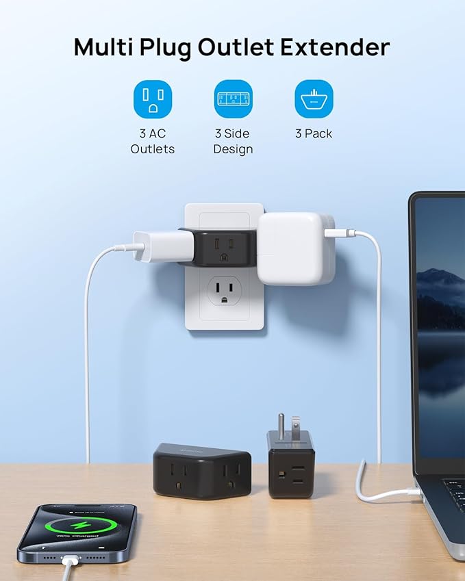 TROND Multi Plug Outlet 3 Pack - Wall Extender with 3-Prong Grounded Sockets, 3 Way Angled Outlet Adapter, Cruise Essentials, Expander for Travel, Home, Hotel, Dorm Room, Black