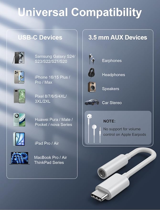 USB-C to 3.5mm Audio Headphone Adapter - HiFi 2000 Pack Compatible with Apple iPhone 16 15 Samsung Galaxy S25 S24 S23 S22 S21 Plus Pro Max Ultra Pixel iPad - Type C to Aux Cord Jack Dongle Adapter