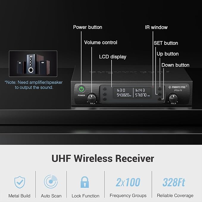 Phenyx Pro Dual UHF Auto Scan Headset/Lapel Wireless Microphones PTU-71-2B