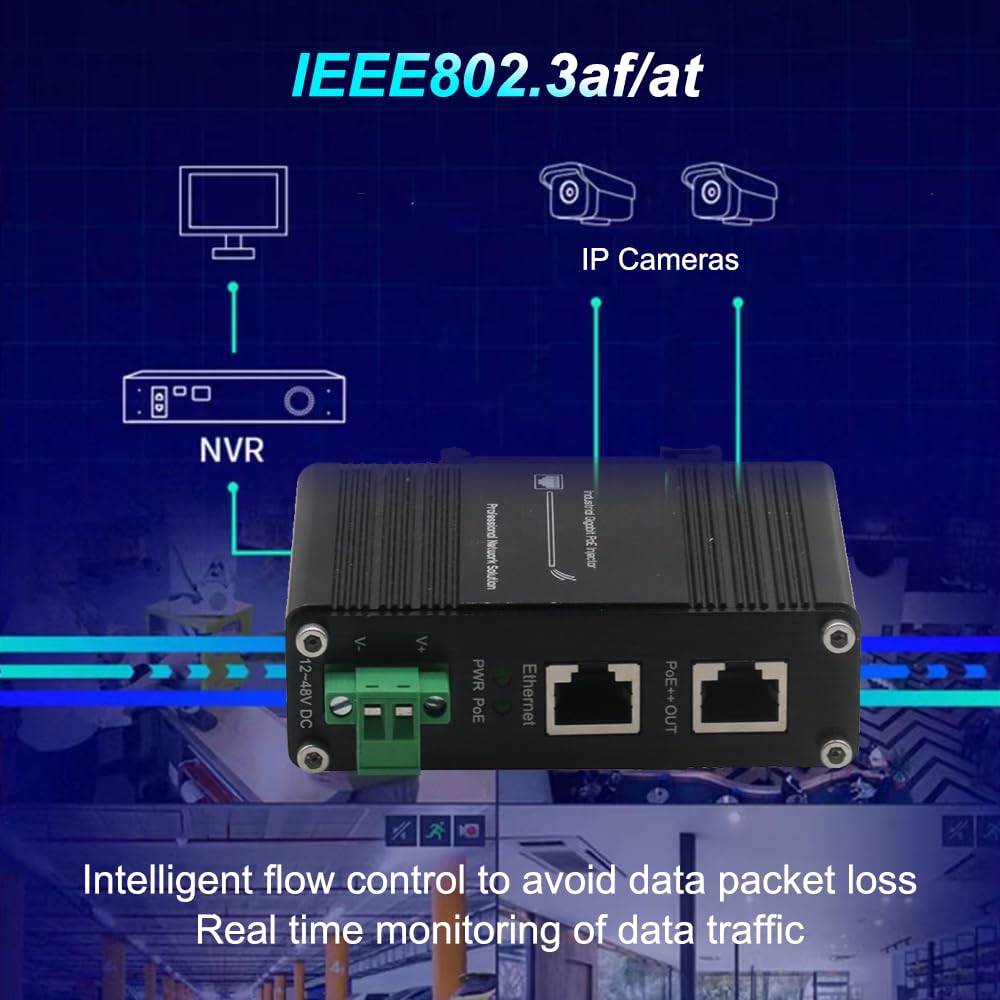 xoxnikior Industrial Gigabit 95W PoE++ Injector, 12-48VDC, DIN-Rail