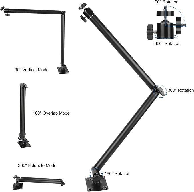 Articulating Camera Wall Moun with 1/4"-20 Threaded Compatible with DSLR/Security/Webcam/Action/LED Light/CCTV POV Camcorder Cameras,Adjustable Aluminium Alloy Arm Metal Base