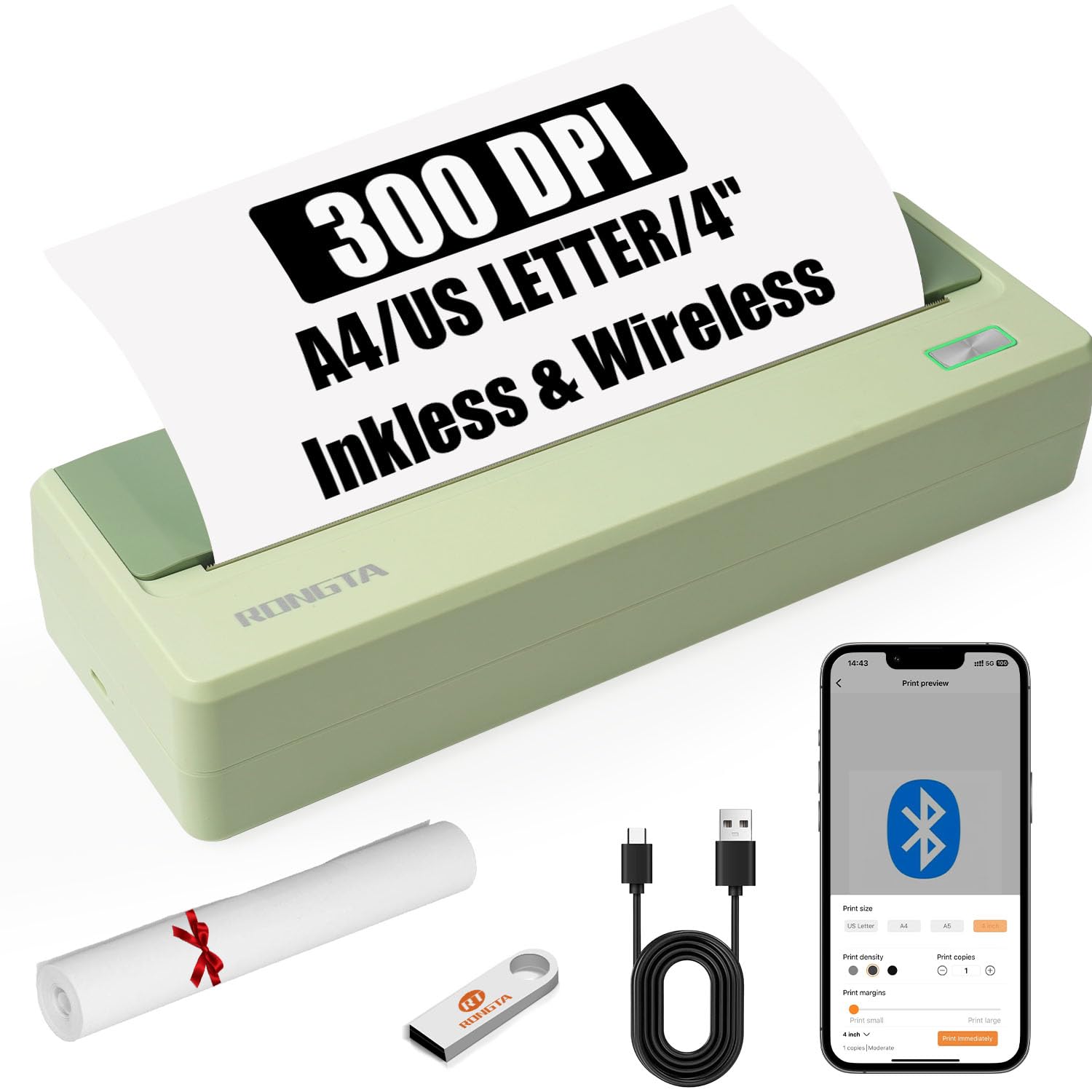 Rongta Inkless Portable Printer for Travel, Wireless Thermal Printer Support 8.5 x 11 inch A4/ US Letter, Bluetooth Compatible with Android/iOS Smartphone for Home Use (Green)