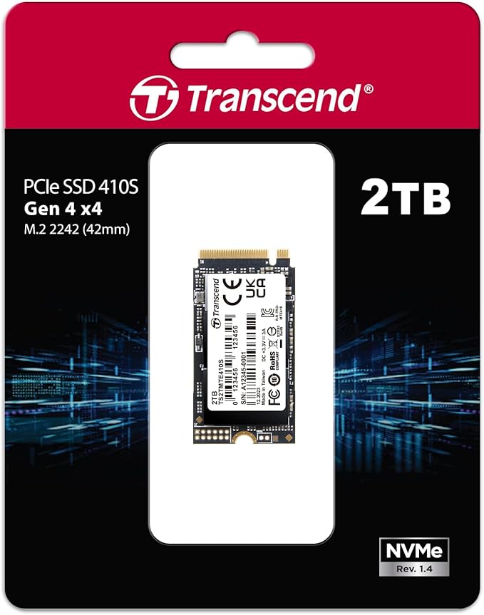 Transcend 2TB M.2 2242 SSD, Up to 5000MB/s, PCIe Gen4x4 NVMe 3D TLC, for Ultra-Thin Laptops, Lenovo Legion Go, Yoga Gen 6, ASUS ExpertBook, ZenBook, Mini PC, DRAM-Less Design for Low Power Consumption