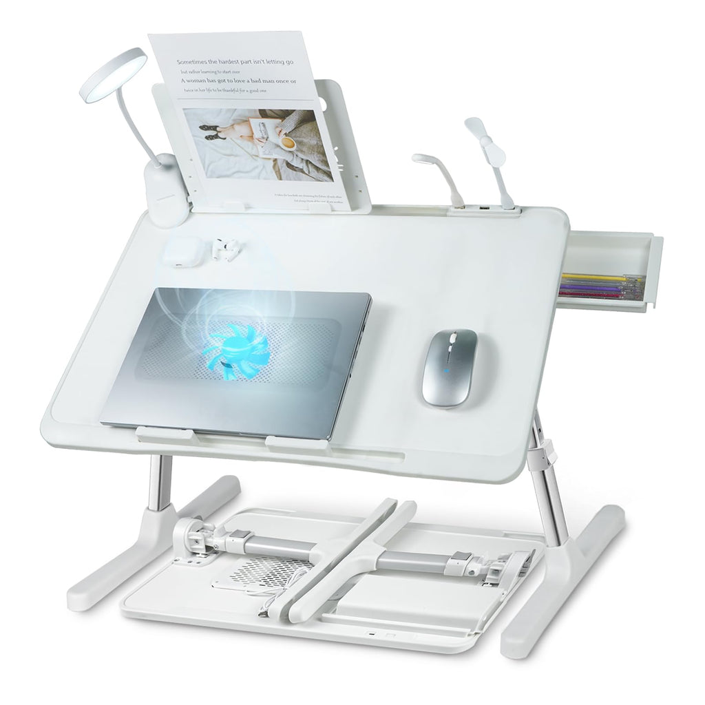 iXTRA Adjustable Laptop Lap Desk with Cooling Fan USB Light for Adults 56x32cm,White