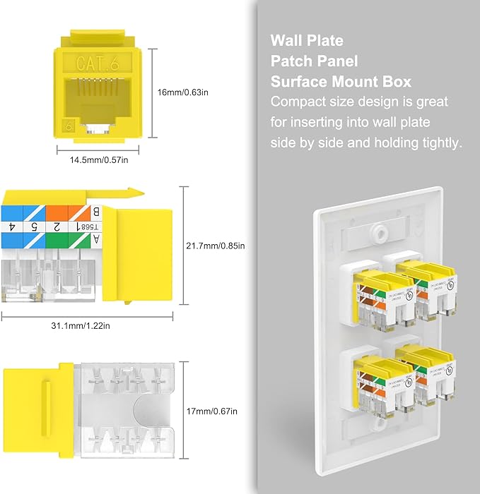 VCE UL Listed Cat6 RJ45 Keystone Jack Insert 25-Pack, 90 Degree Punch Down Keystone Jack Adapter Slim Profile Yellow