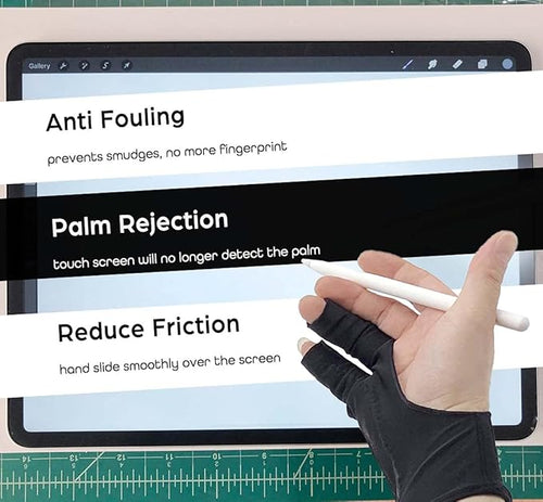 AKX Artist Drawing Glove Large - 2 Pack Palm Rejection for iPad - Smudge Guard, 2 Finger, Fingerless, Good for Left and Right Hand, Black | AK-020