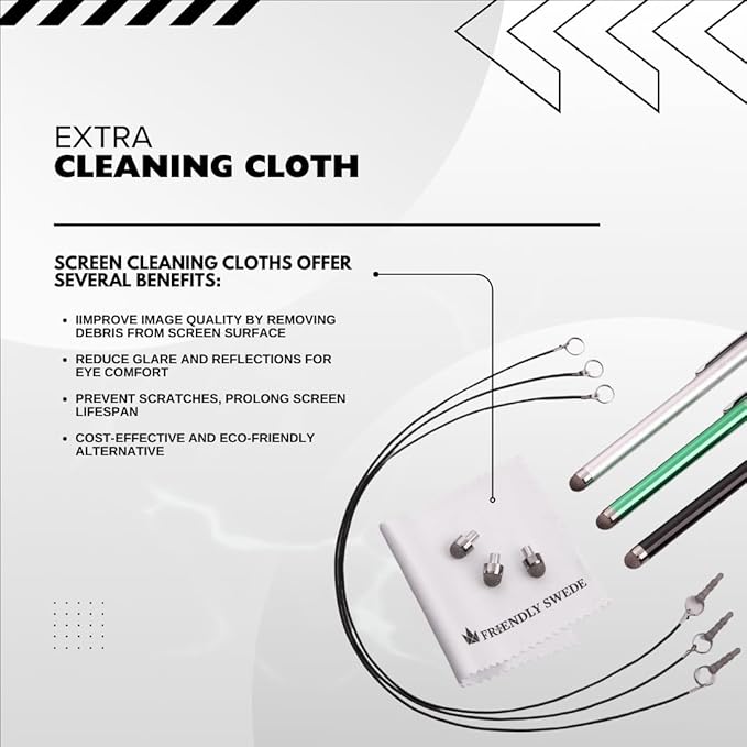 The Friendly Swede Mesh Tip Stylus Pen for Touchscreen — 3-Pack Micro-Knit Capacitive Stylus Pen for iPad & iPhone with 3 Replaceable Fiber Tips, Elastic Lanyards & Screen Cleaning Cloth
