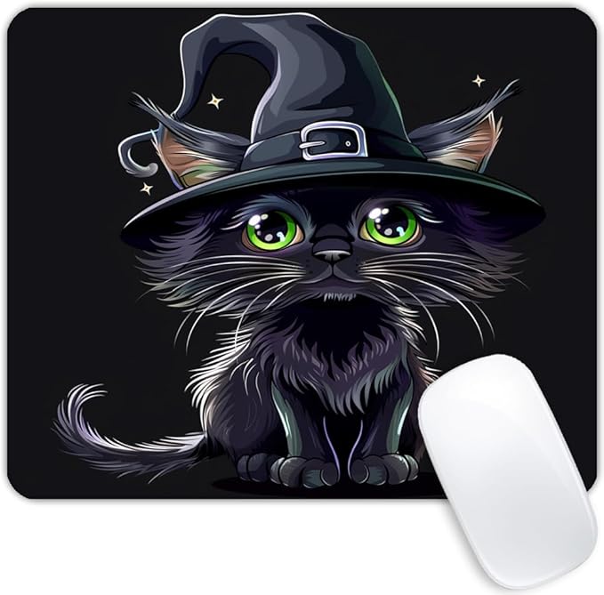 Square Mouse Pad Black Cat with Witch Hat for Halloween-1,Gaming Mouse Pads for Desk,Soft Computer Waterproof Non-Slip Mouse Mat