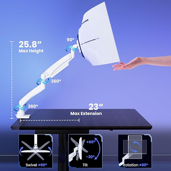 Ultrawide Monitor-Arm Heavy Duty 22-57‘’ - PUTORSEN Aluminum Single Monitor Mount Holds up to 59.4 lbs, Premium Adjustable Desk Mount Stand, VESA 75/100/200 mm, White