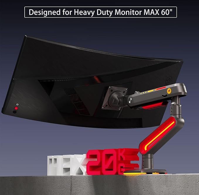 RGB Gaming Monitor-arm for Flat/Ultrawide/Curved Monitors 32 to 60 inch, Heavy Duty Stand Load up to 20 kg, VESA 75/100 mm Monitor-Mount L60