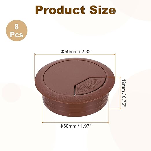 uxcell 8 Pcs 50mm (1.97 Inch) Desk Grommet, Plastic Cable Hole Cover, Wire Cord Cable Organizer for Home Office Computer Desk Cabinet, Brown