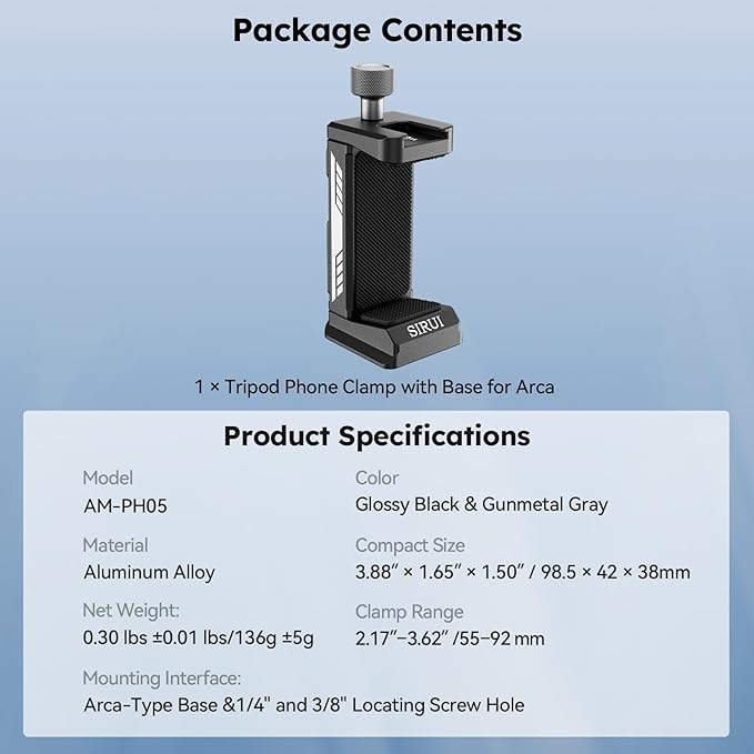 SIRUI Phone Mount for Tripod with Arca Base with 1/4"&3/8" Threaded Holes, Metal Tripod Cell Phone Clamp Holder with 2 Cold Shoes, Smartphone Adapter Compatible with iPhone, Galaxy, Pixel, AM-PH05
