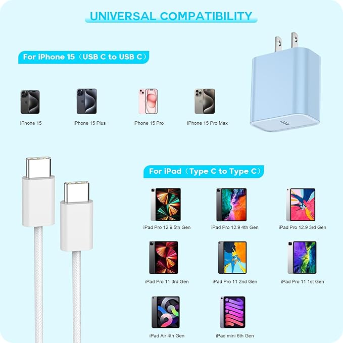 [3Pack] 20W USB C Fast Charger iPhone 16 Fast Charging, Apple 15 Charger Block 6ft C to C Long Charging Cable Cord for iPhone 16/16e/16 Pro/16 Pro Max/iPhone 15 Series/iPad Air/Mini(Pink+Blue+Purple)