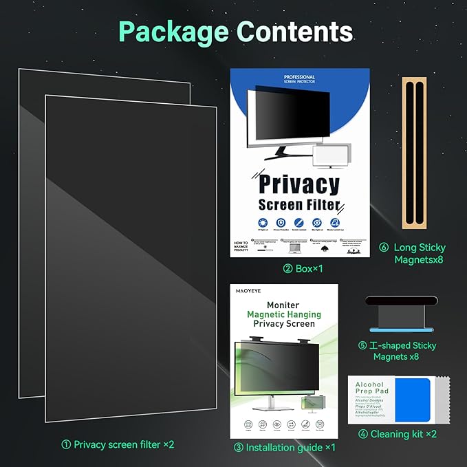 [2 Pack] Magnetic 24 Inch Computer Privacy Screen for 16:10 Aspect Ratio Widescreen Monitor, Hanging Eye Protection Anti Glare Blue Light Computer Monitor Privacy Filter, Removable 24in Protector Film