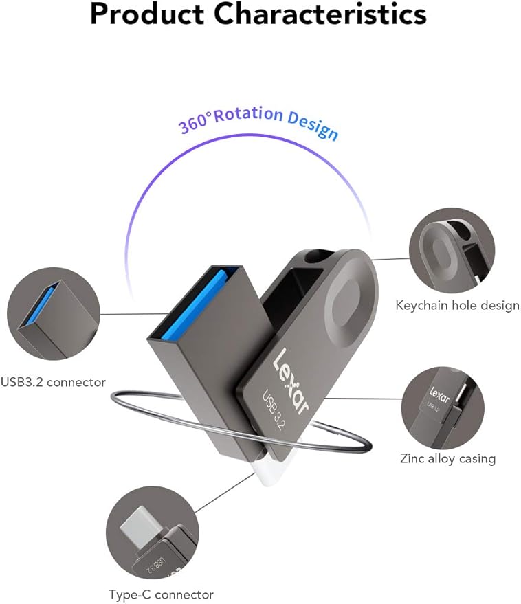 Lexar E32C 64GB Type-C USB Flash Drive, USB-A&USB-C 3.2 Gen 1 Dual Drive OTG 100MB/s Read, Thumb Drive Swivel Design Jump Drive for USB 3.0/2.0, Memory Stick for Android Smartphone, Laptop, PC