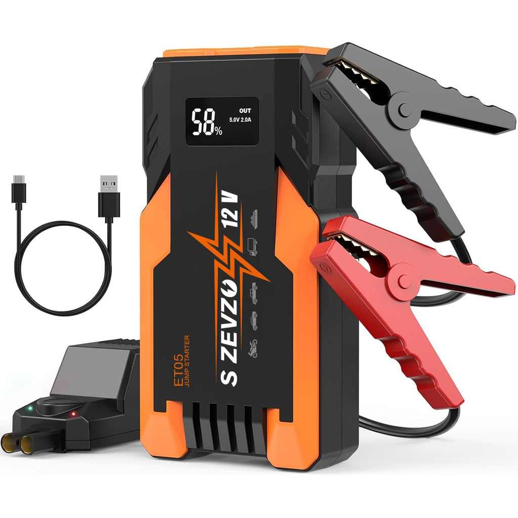 S ZEVZO ET05 Jump Starter 5000A Portable Car Jump Starter Battery Pack (7.2L Gas/ 5.5L Diesel), 51.8Wh 12V Jump Box with USB Ports, LCD Display and 3 Modes Flashlight