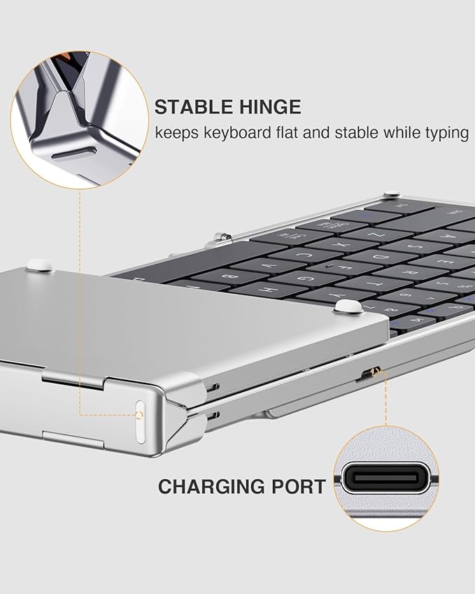 ProtoArc Foldable Bluetooth Keyboard, XK01 Folding Wireless Portable Keyboard with Numeric Keypad, Full-Size Travel Keyboards for iPad Tablet Smartphone Laptop PC Windows iOS Android, Black Silver