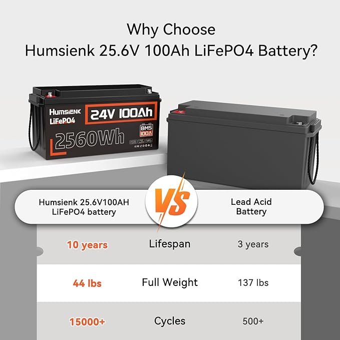 24V 100Ah LiFePO4 Lithium Battery, Built-in 100A BMS with Low-Temp, 15000+ Deep Cycles 10 Years Lifespan, 2560Wh Lithium Iron Phosphate Battery, for RV Solar Energy Off Grid Trolling Motor