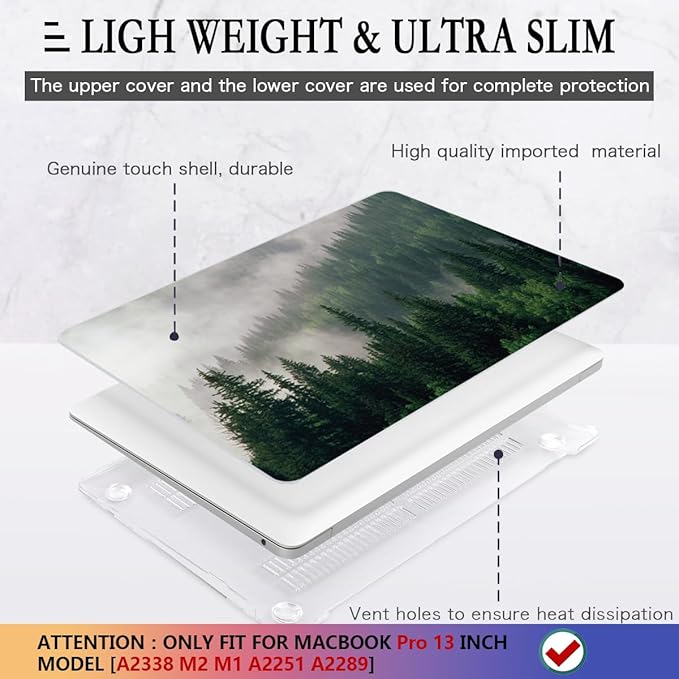 CISSOOK Compatible with MacBook Pro 13 inch Case M2 A2338 with Touch Bar 2023 Release, Forest Hard Shell Case with Keyboard Cover +Screen Protector for Pro 13 2025-2020 A2338 M1 A2251 a2289, Forest