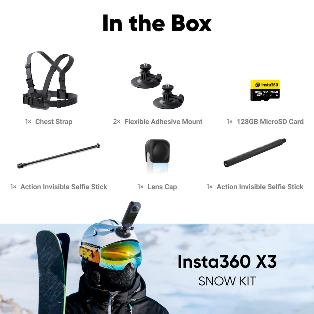 Insta360 X3 Snow Kit (New Version) - 360 Action Camera with 5.7K 360 Active HDR Video, 4K Single-Lens Camera, Waterproof, FlowState Stabilization, 2.29" Touchscreen, AI Editing, Wintersports