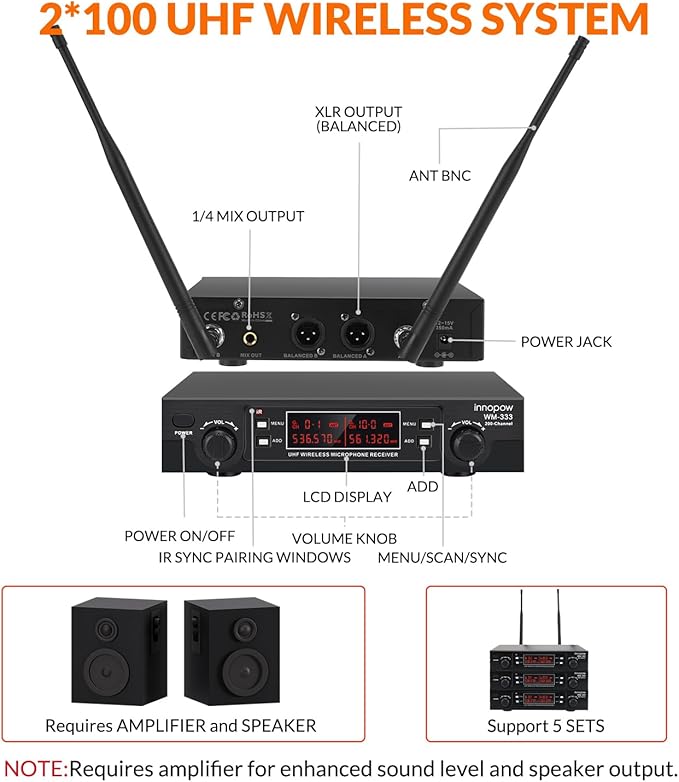 200-Channel Wireless Microphone, Wireless Lavalier Microphone Dual UHF Bodypack Cordless Lavalier Mic System Set