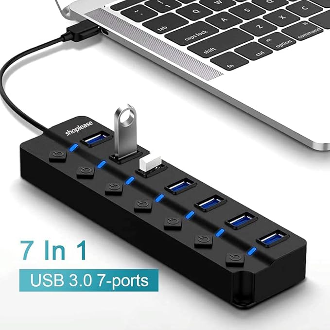 USB 3.0 Splitter, 7-Port USB 3.0 Hub with Individual Power Switches and Lights, Portable Expansion Data Hub with 5V/2A Power Adapter for Windows 10, 8.1, 8, 7, Vista, XP, Linux, Mac OS X