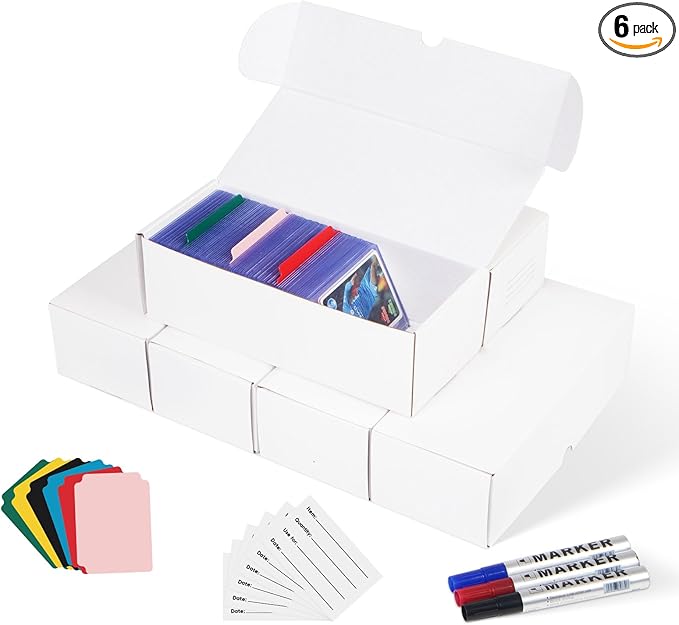 Toploader Storage Box, 6 Packs 900 Count Corrugated Cardboard Storage Box for TCG, Mtg, Sport Cards, Trading Cards, Toploader Collector Boxes with 3 Markers, 6 PCS Multicolor Dividers and Labels