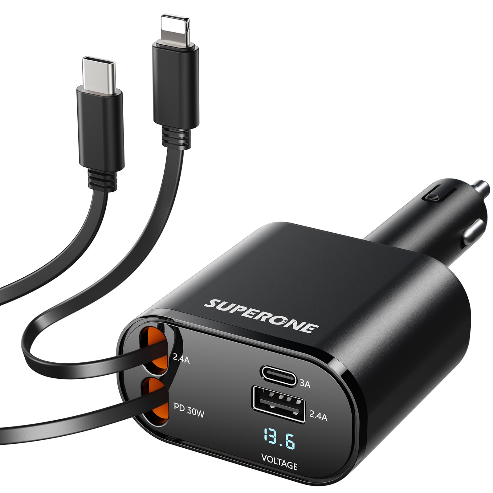 SUPERONE Retractable Car Charger, 4-in-1 Fast Phone Charger Adapter