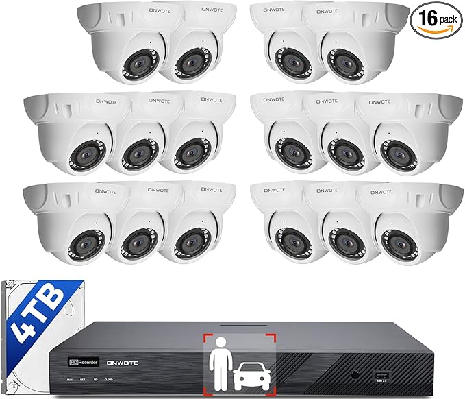 ONWOTE 16 Channel NVR PoE Security Camera System, 12MP 4K 16CH Commercial NVR 4TB, 16x 6MP Wired Outdoor 122° IP Cameras with Audio, AI Detection, 16x Cables (Total 1280ft), CCTV for Business Home