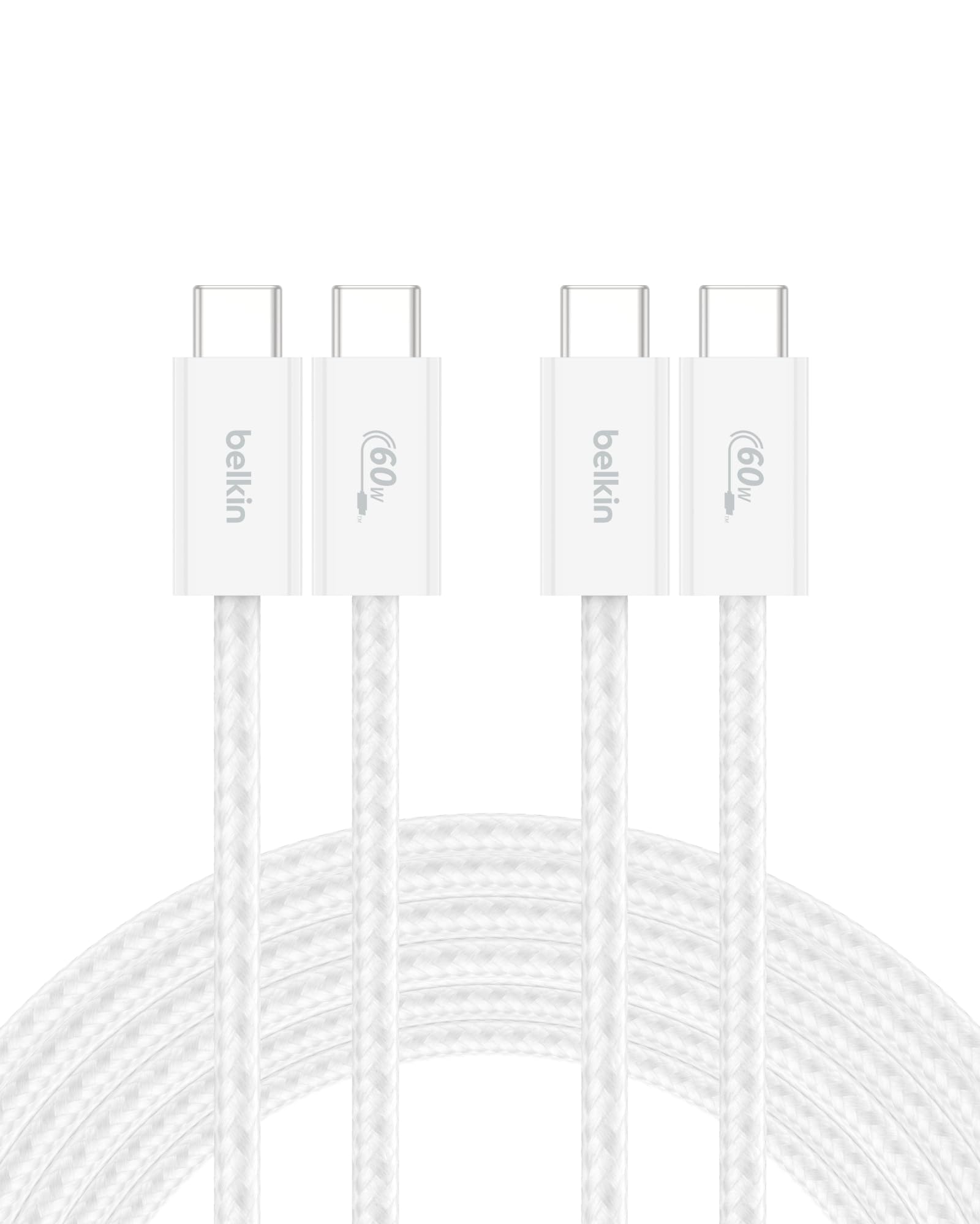 Belkin USB C to USB C Cable 2-Pack, 9.9ft, 60W - Type C Charger, iPhone Charger Cord, Soft, Braided, Flexible for iPhone 17, Galaxy S25, Pixel 10, Airpods, iPad Pro & More, Travel Essentials - White