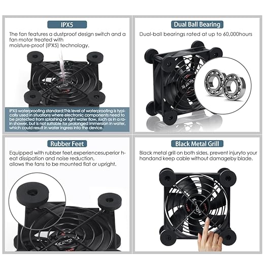 Quiet 80mm Fan with 10 Speed USB 5V DC 12V IPX5 Waterproof Cooling Fan for Tablet TV Receiver Router DVR Xbox Greenhouse Kennel Computer Cabinet Component Cooling