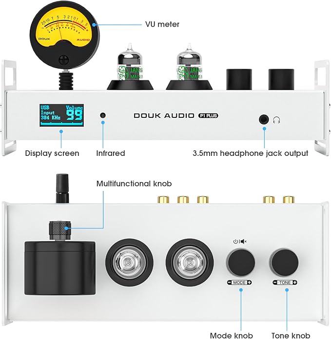 Douk Audio Tube Preamp DAC: Bluetooth 5.1 LDAC Headphone Amp w/VU Meter USB Coax Optical Input for Amplifiers, Home HiFi Systems (P1 Plus)