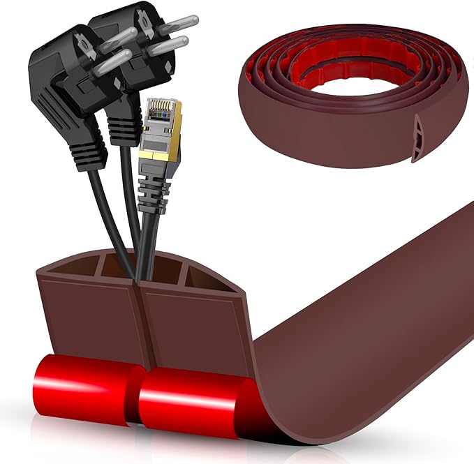 Floor Cord Cover Cavity 0.8"x0.37" Self Adhesive Cord Hider, 10FT Low Profile Cable Management, Extension Strip Protector for Wires, Prevent Cable Trips for Offices, Gyms, Exhibitions（Coffee）