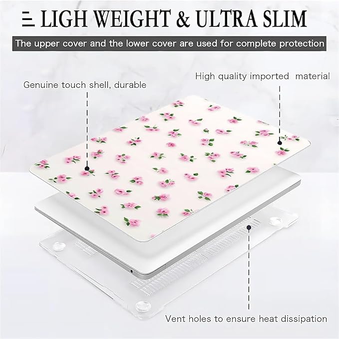 Compatible with MacBook Air 13.3 13.6 Inch Case 2022 2021 2020 2019 Plastic Hard Shell Case Cover,13.6 Air (A2681) M2 2022, Pink Rose