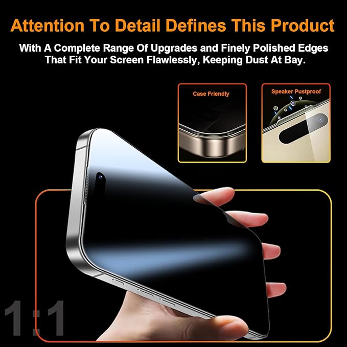 OneFish 2 Pack Privacy Screen Protector for iPhone 15 Pro - 4-Way 360° Anti-Spy Tempered Glass, 9H Hardness, 3D Curved Edges, Case-Friendly & Easy Installation