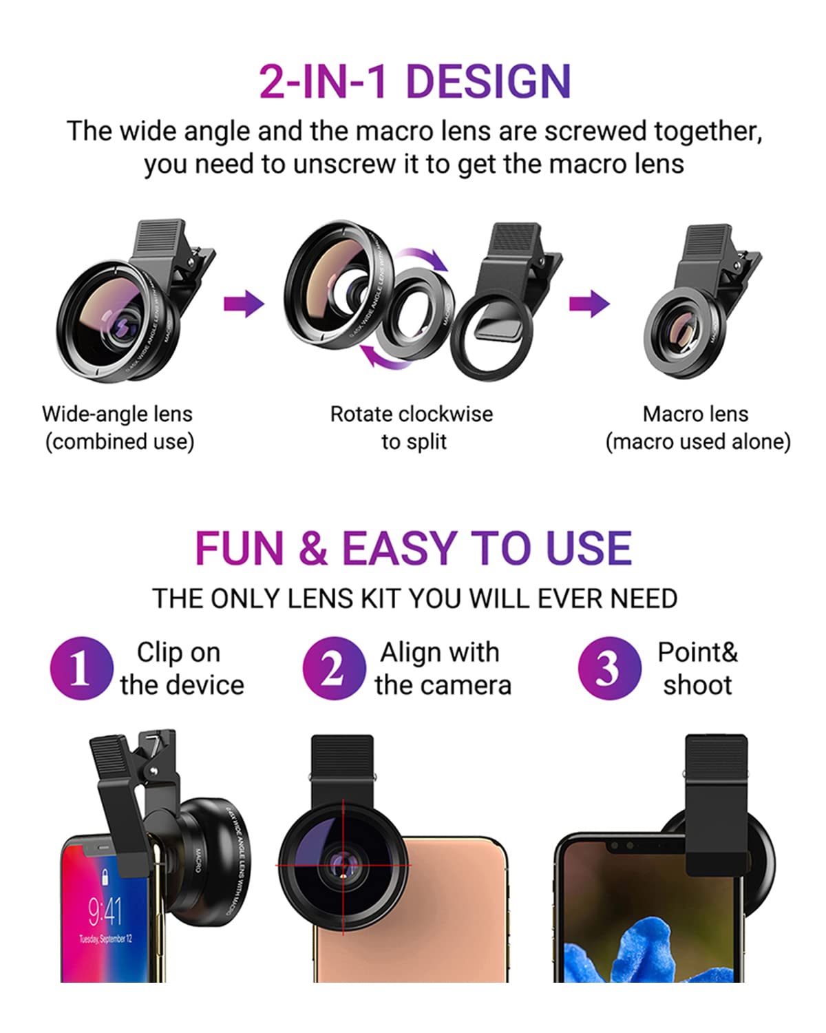 Apexel Phone Camera Lens, 2 in 1 Cell Phone Clip-on Lens Kit