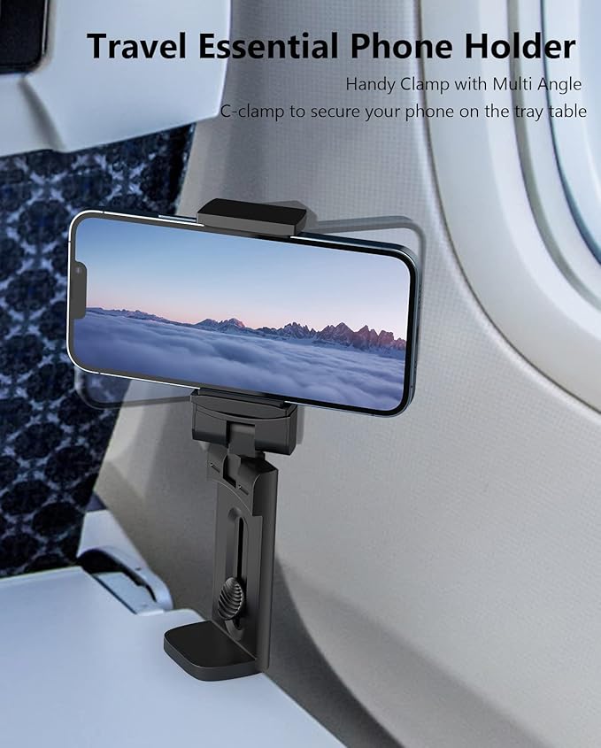 MiiKARE Airplane Travel Essentials Phone Holder, Universal Handsfree Phone Mount for Flying with 360 Degree Rotation, Accessory for Airplane, Travel Must Haves Phone Stand for Desk, Black&Black&Black