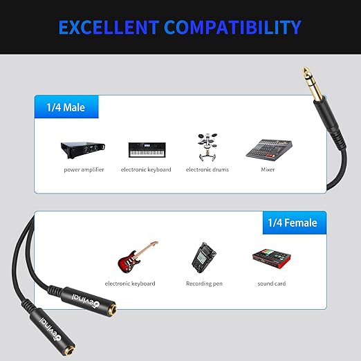 Devinal 1/4 inch TRS Splitter Cable, 6.35mm Stereo Y Cable, 1/4 Male Plug to Dual 1/4 Female Jack Cord, 12 inches / 30cm