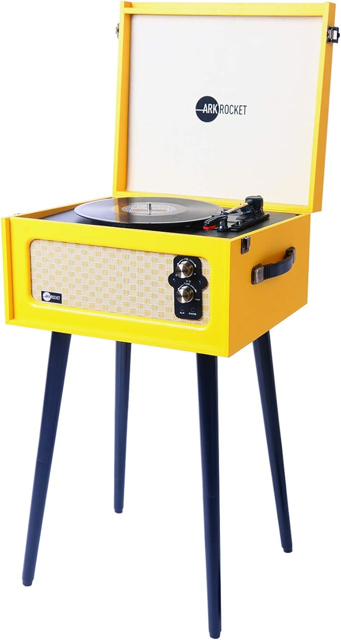 Arkrocket 3-Speed Bluetooth Record Player Retro Turntable with Built-in Speakers and Removable Legs (Yellow)