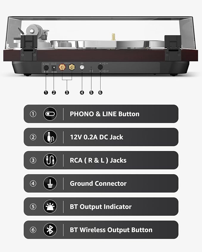 Turntable Record Player Wireless Output Carbon Fiber Tonearm Vinyl Player Aluminium Platter Belt-Drive LP Turn Tables 33 1/3&45 RPM Audio Phono RCA Line Out AT-3600L MM Cartridge Pale Walnut Red