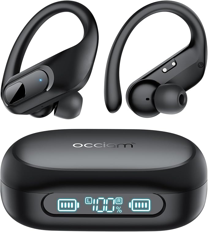 occiam Wireless Earbuds Bluetooth Headphones Ear Buds 96Hrs Playback Sport Over-Ear Waterproof Wireless Headphones Earphones with Earhooks ENC Mics Clear Call for Sport Running Workout Black