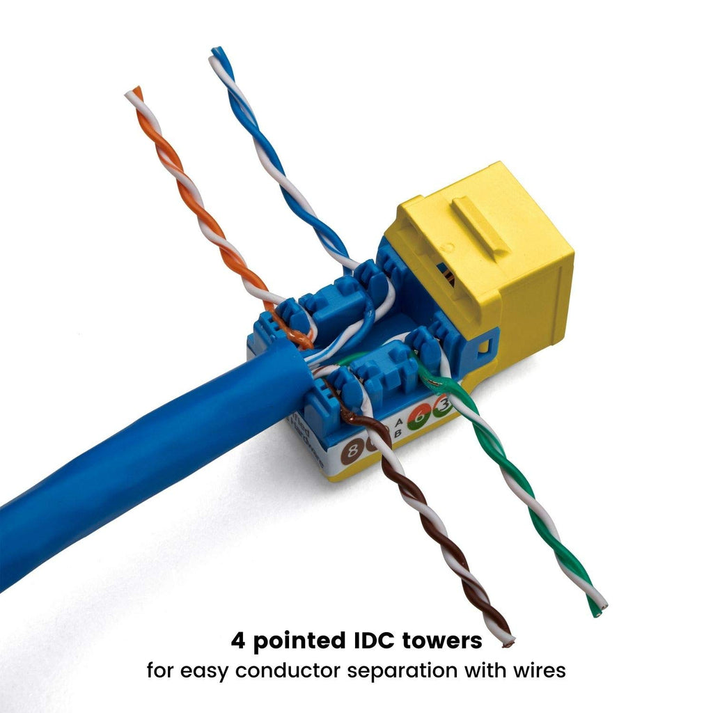 TRUE CABLE Cat6A Unshielded (UTP) Keystone Jack, 90-Degree Punch-Down RJ45 Female Module, PoE++ 4PPoE, UL Listed & TIA Certified, Yellow, 12 Pack