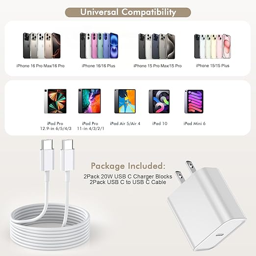 iPhone 16 15 Charger Fast Charging, 2Pack 10FT Extra Long USB-C to C Cable Cord with 20W Apple iPad USB C Fast Charger USB C Wall Charger Block for iPhone 16/16 Plus/16 Pro/16 ProMax/15/15 ProMax/iPad