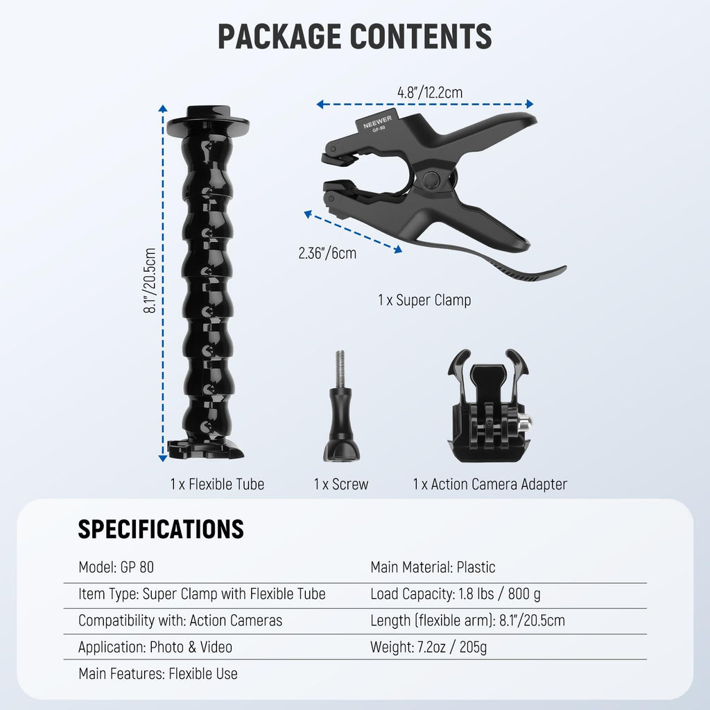 NEEWER Flexible Clamp Mount Compatible with GoPro DJI Action Cameras, GP-80