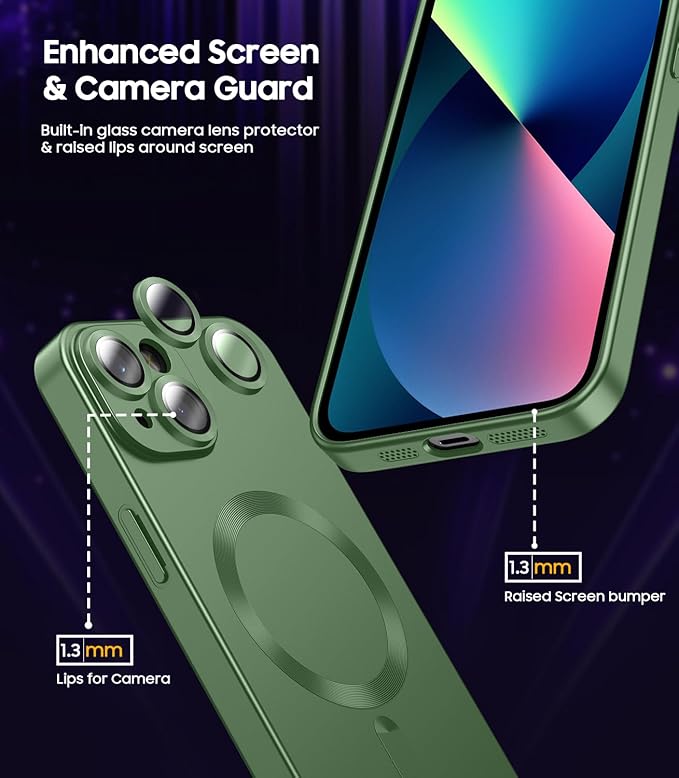 Magnetic for iPhone 13 Case [Compatible with MagSafe][Built-in Camera Lens Protector] Slim Soft Silicone Bumper Shockproof Metallic Luster Phone Case (Green)