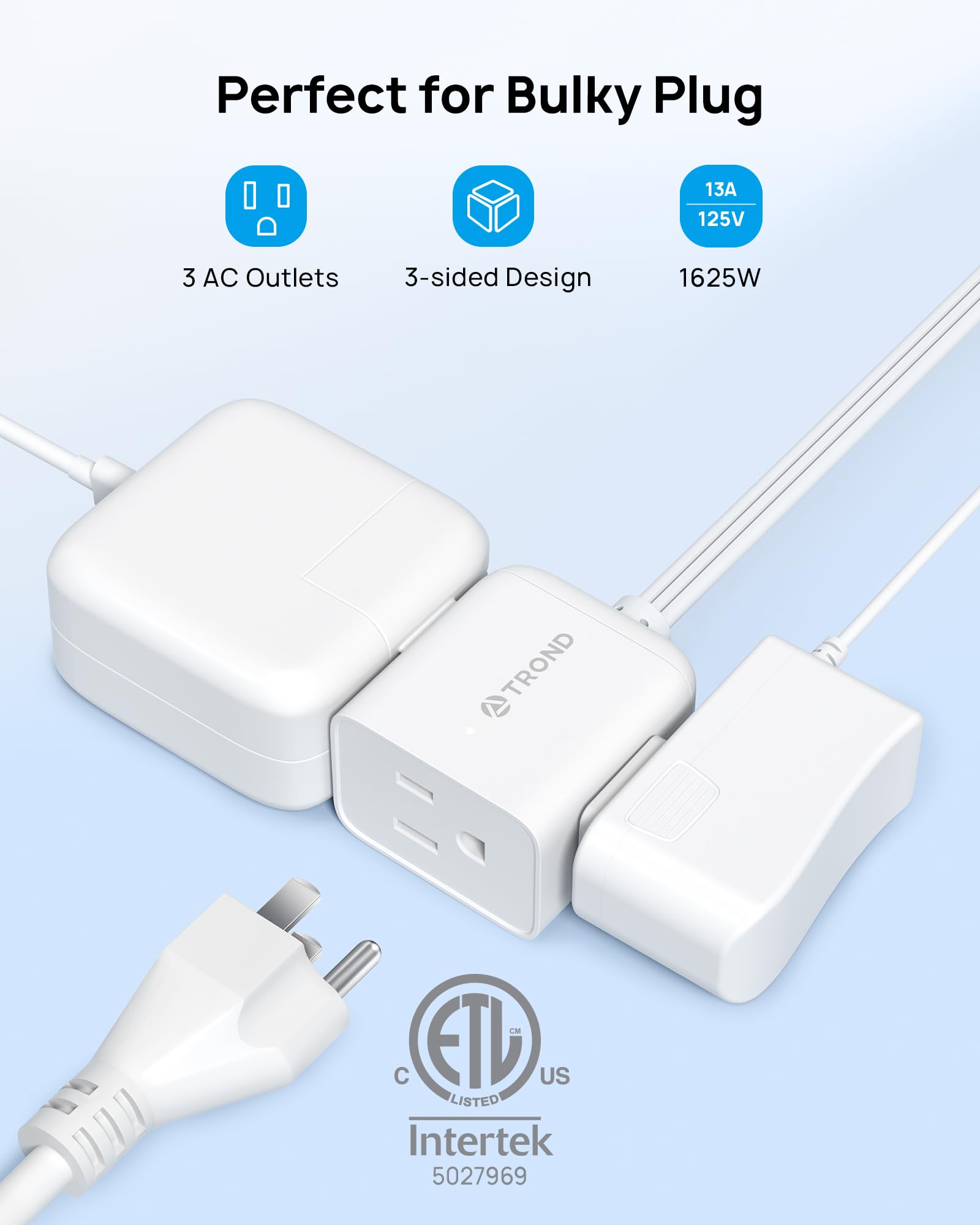 TROND Rotating Flat Plug Short Extension Cord 3ft, 3 AC, ETL Listed, White