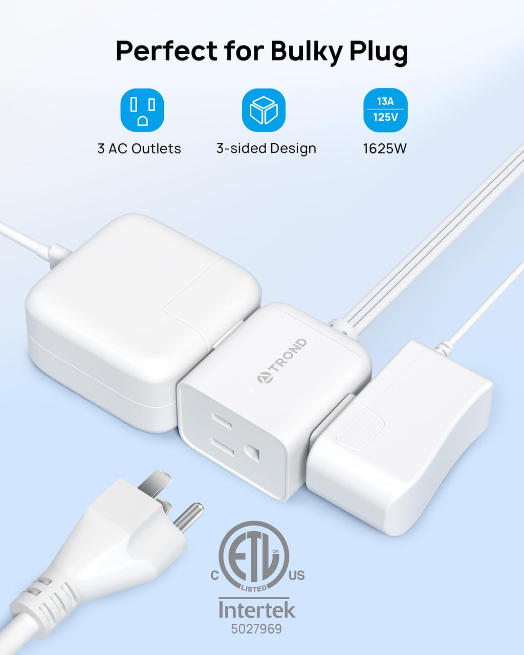 TROND 360 Rotating Flat Plug Extension Cord 10ft, 3 AC, ETL Listed, White