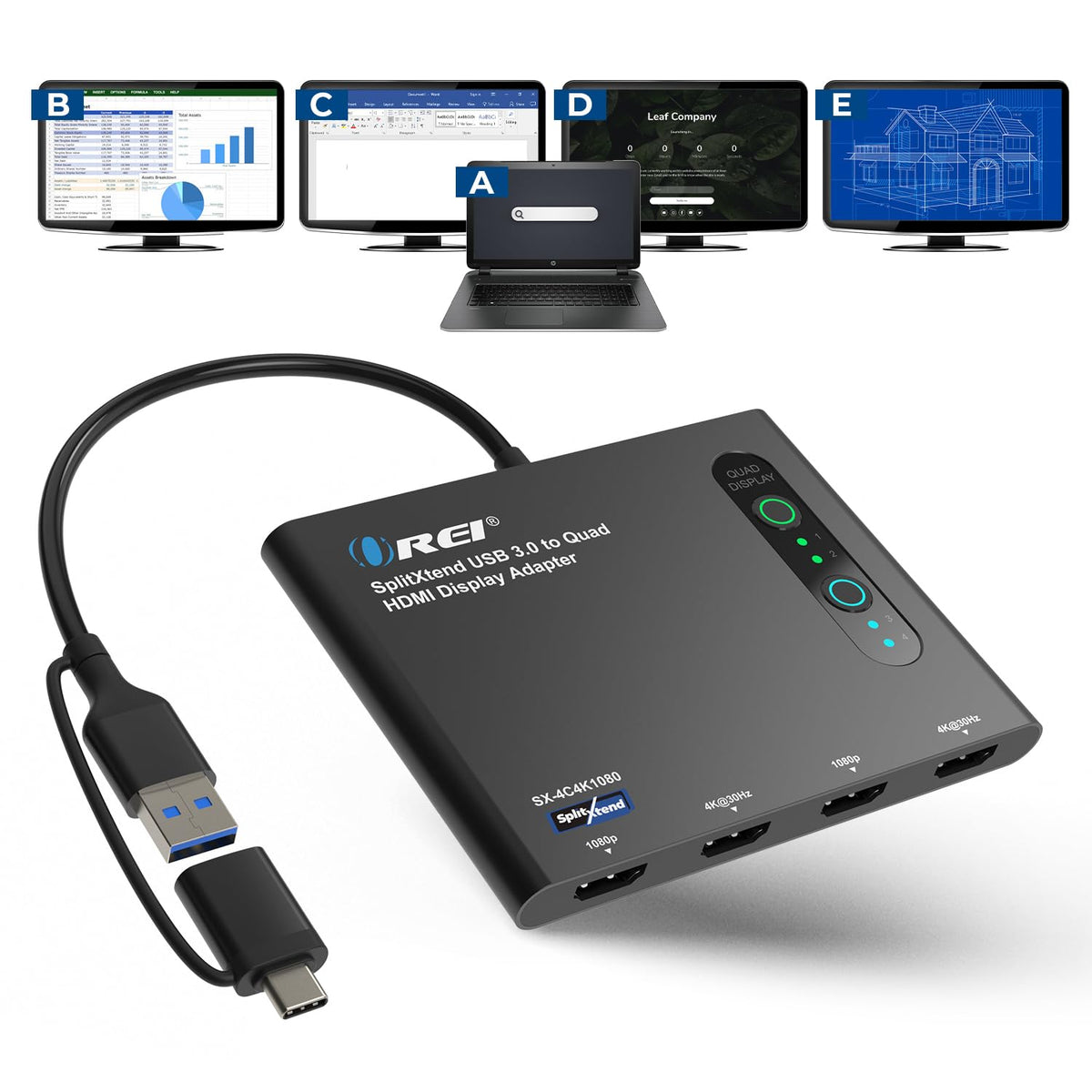 OREI SplitXtend USB C Docking Station Triple Monitor with 3xHDMI Ports - 4K